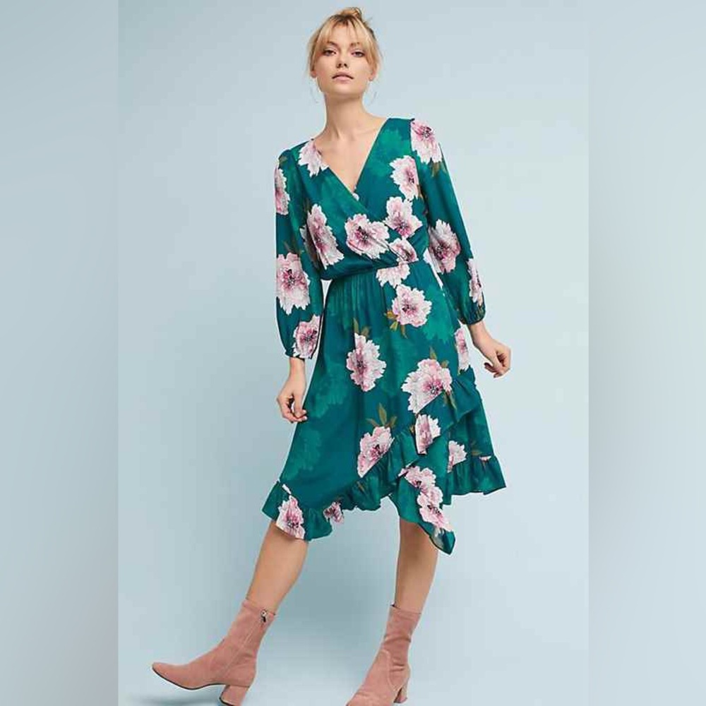 Plenty by Tracy Reese Teal Floral Wrap Midi Dress with Pink Blooms